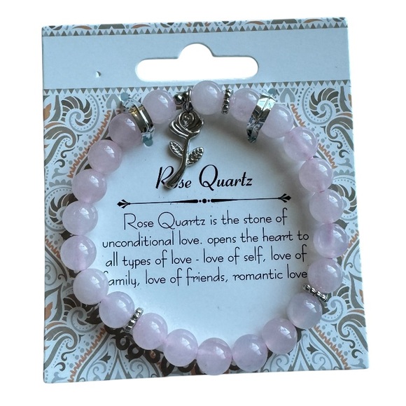 New Healing Stone Rose Quartz Bead Silver Plate Rose Charm Stretch Bracelet Calm - Picture 2 of 8